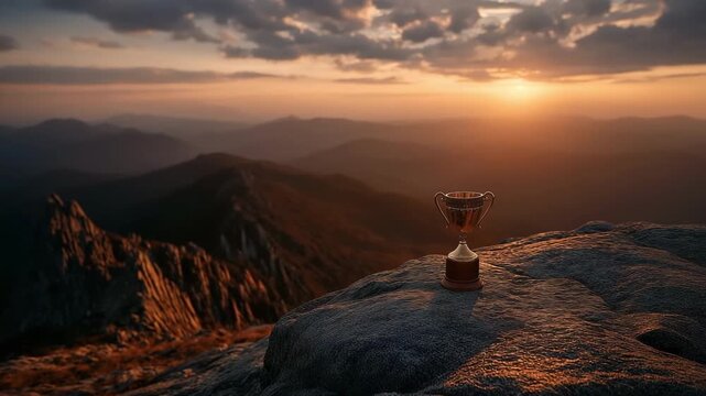 At dusk, a golden trophy sits atop a mountain. Represents achievement, victory, and the zenith of success