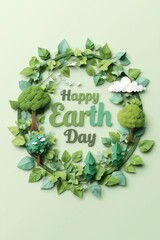 A vibrant wreath celebrating earth day with lush greenery and small trees
