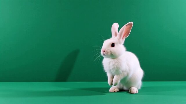 White rabbit dancing on green background