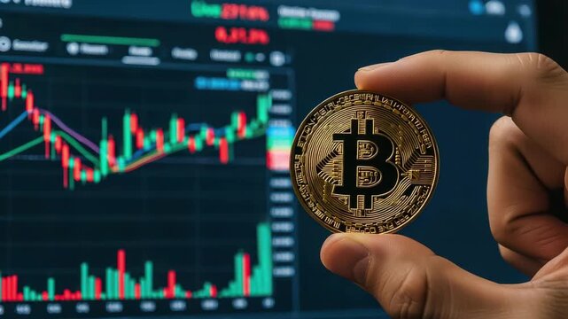 Hand holding a gold bitcoin coin in front of a stock market graph display