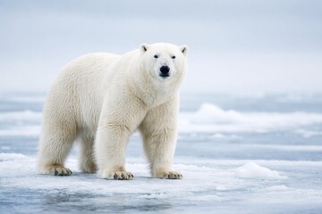 Majestic polar bear stands on ice floe in the Arctic wilderness, looking directly at the camera