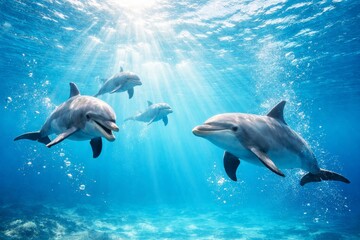 Fototapeta premium Four playful dolphins swim together in clear blue ocean water with sun rays shining through