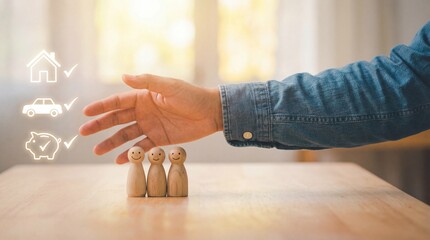 Fototapeta premium Hand reaching out to protect wooden figures representing family while icons of house car and piggy bank with checkmarks symbolize financial security and planning