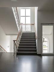 Modern architectural interior with stairwell, minimal design and clear lines