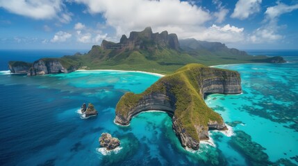 Stunning tropical island with turquoise waters and lush greenery in the background
