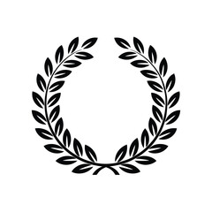 A black and white illustration of a circular laurel wreath design