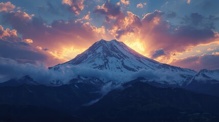 Majestic mountain peak bathed in the warm glow of a rising sun