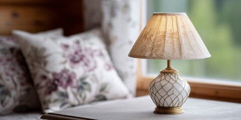 a lampshade in the shape of an ornate indian jali pattern hangs over a table, inside an old cabin with floral printed curtains and pillows on the bed in the background.