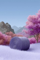 a large bale of hay in the middle, surrounded by trees and grasslands