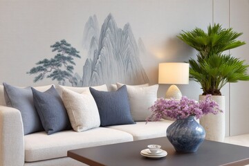 a living room with a sofa, coffee table, and wallpaper featuring a chinese landscape painting