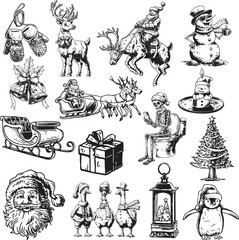 Obraz premium Christmas Element Set with Santa, Reindeer, Snowman, and Holiday Icons Hand Drawn, Vintage Christmas Bundle