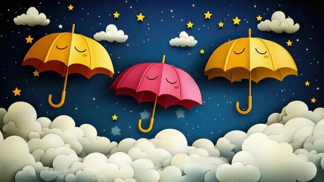 Three smiling umbrellas with faces floating among clouds and stars