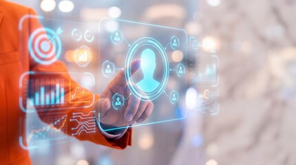 Person interacting with a futuristic holographic interface displaying user profiles data analysis and target achievement with glowing charts and diagrams