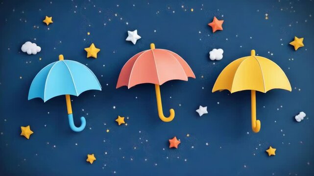 Whimsical umbrellas against night sky with stars and clouds