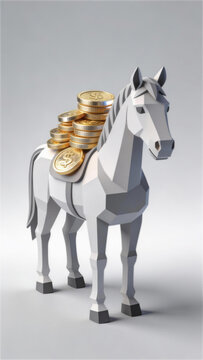 Geometric White Horse Carrying Stack of Gold Coins