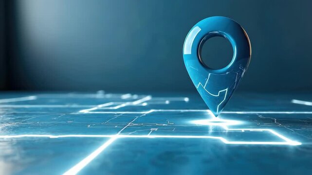 Blue location pin on digital map surface with depth and shadows in abstract space