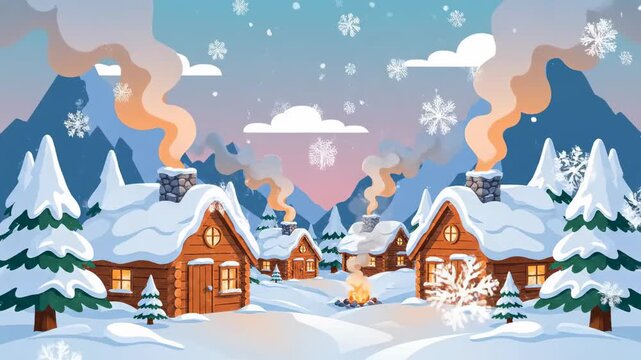 Cozy Winter Village Scene with Snowy Mountains and Smoke Chimneys