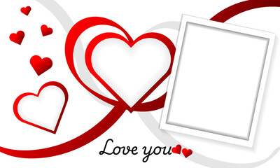 love valentine red hearts and ribbon with blank frame picture in white background template