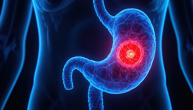 Human torso visualization highlights a glowing red area indicating internal digestive distress within the stomach