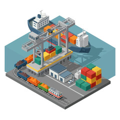 Obraz premium Isometric Container Shipping Terminal with Cranes and Vessels.