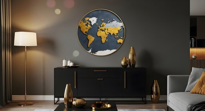 Modern living room with a large oval world map on the wall
