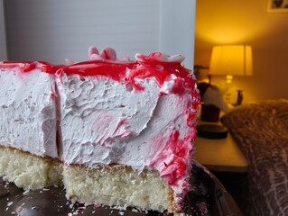 Large slice of cake with heavy cream and red topping. Unhealthy dessert for people with diabetes. Excessive sugar consumption.