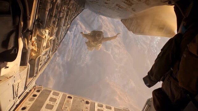 Paratrooper jumps from aircraft over landscape at sunset during military training exercise