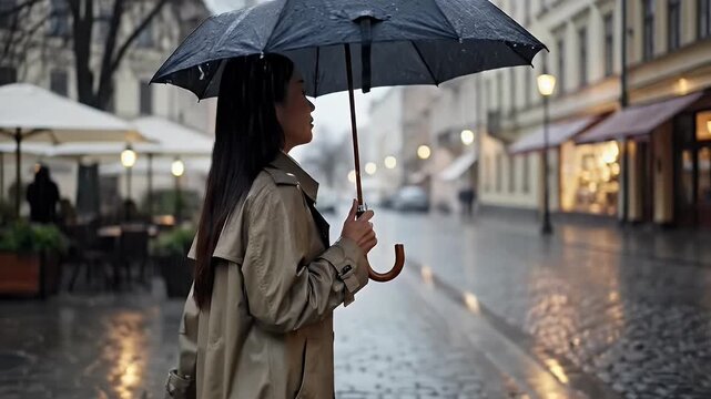 Young Asian woman with a black umbrella walks alone on a wet city street during a rainy day, reflecting a thoughtful mood.