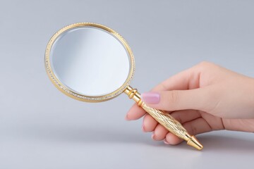 handheld mirror with a golden metal frame, a hand holding the mirror to display its reflection, against a light background creating an elegant atmosphere.