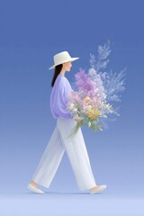 a woman walking with flowers in her hand, blue background, she wearing white shoes, wide pants and hat