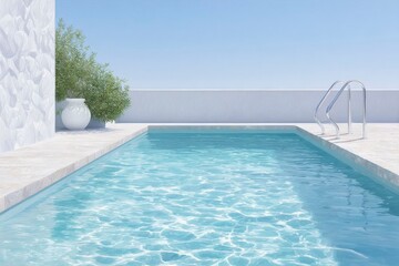 a swimming pool with clear blue water, white tiles, and a handrail