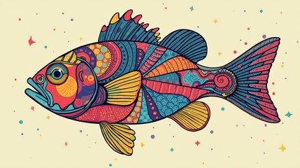 Vibrant geometric fish illustration with colorful patterns and intricate details