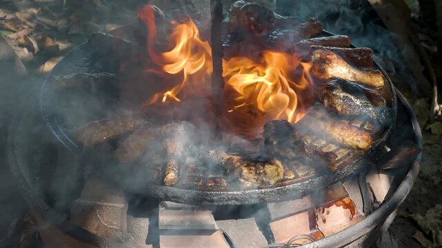 Barbecue grilling pork sausages and chicken legs over open fire