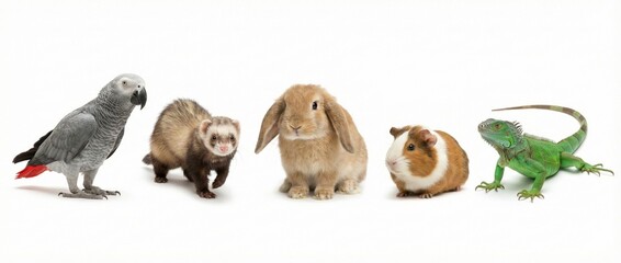 Row of pet animals guinea pig, rabbit, ferret, parrot and green lizard on white studio background