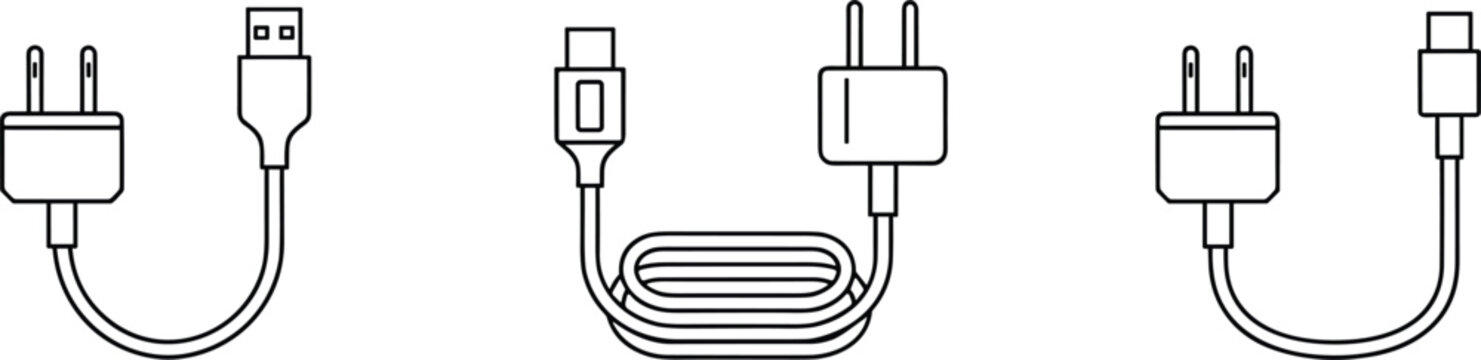 Charging cable and power cord outline icons set featuring usb connectors plugs and electric energy supply concepts
