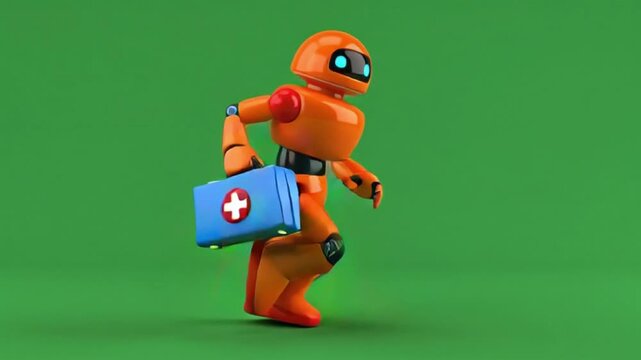 Robot runs with medical kit on green screen