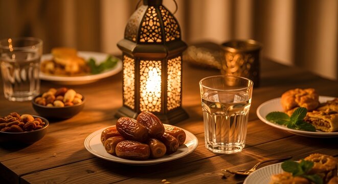 Traditional iftar table setting with dates, water, nuts, and a glowing lantern