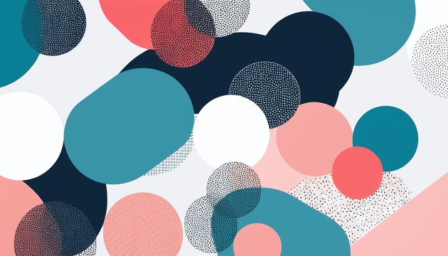 Overlapping circular and oval shapes with dotted texture in teal coral and dark blue full frame