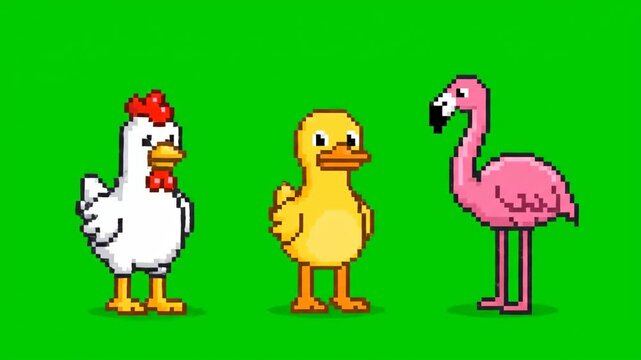 Pixel Art Animals Dancing on Green Screen