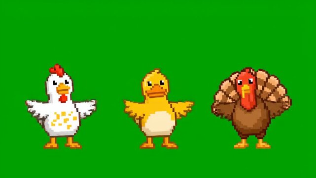 Pixel Art Animation of Dancing Chicken, Duck, and Turkey on Green Screen
