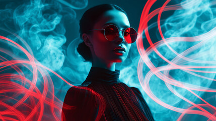Futuristic fashion portrait woman sunglasses neon smoke red blue cyberpunk, confident studio model in dark turtleneck with red light trails and teal haze background