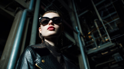 Futuristic portrait female model eyewear leather jacket red lipstick night city industrial architecture low angle pose with dramatic shadow and bold fashion attitude