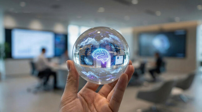 Artificial intelligence. Hand holding glass sphere containing glowing brain and data cloud. Future technology concept. designed for business and tech innovation.