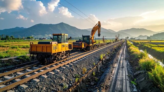 Railway construction with yellow machinery, mountains, and field landscape