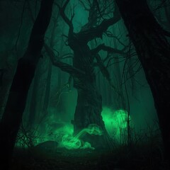 Mysterious green glow in the dark forest with a large tree and a deer