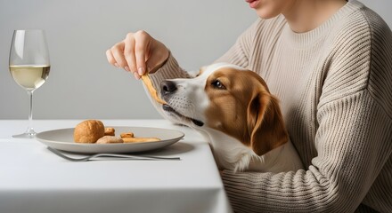 Sneaky Hand Feeding Dog Table Scraps Under the Dinner Table, Concept of Family Humor and Secret Pet Treat