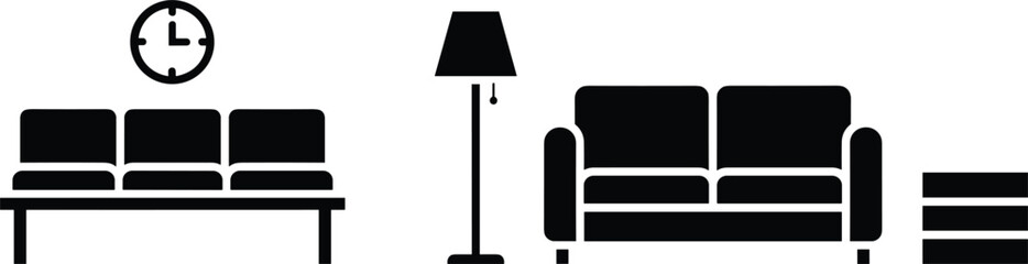Waiting room furniture icons set featuring chairs sofa lamp clock for lobby interior public space design concepts vector