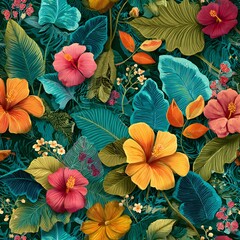 Tropical floral pattern with lush leaves and flowers