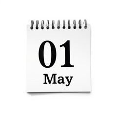 A calendar page highlighting the first day of may with a spiral-bound design.
