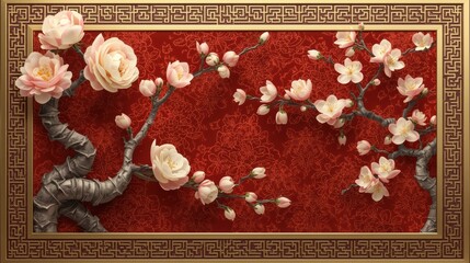 A vibrant tapestry showcasing a tree with blossoming flowers against a red background